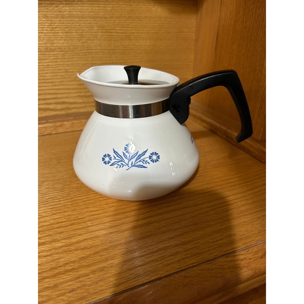 Vintage Corning Ware P-104 6 Cup Teapot Blue Cornflower White Pyroceram USA